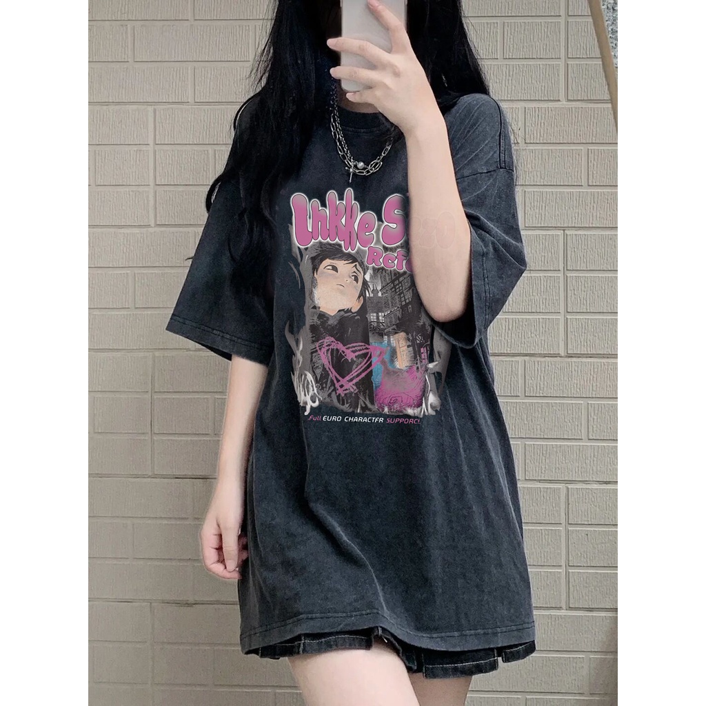 EUNII T-shirt Lengan Pendek Black Washed Retro Anime Character Printing Korean Style/Kaos Atasan Wanita/Baju Wanita/Kaos Wanita