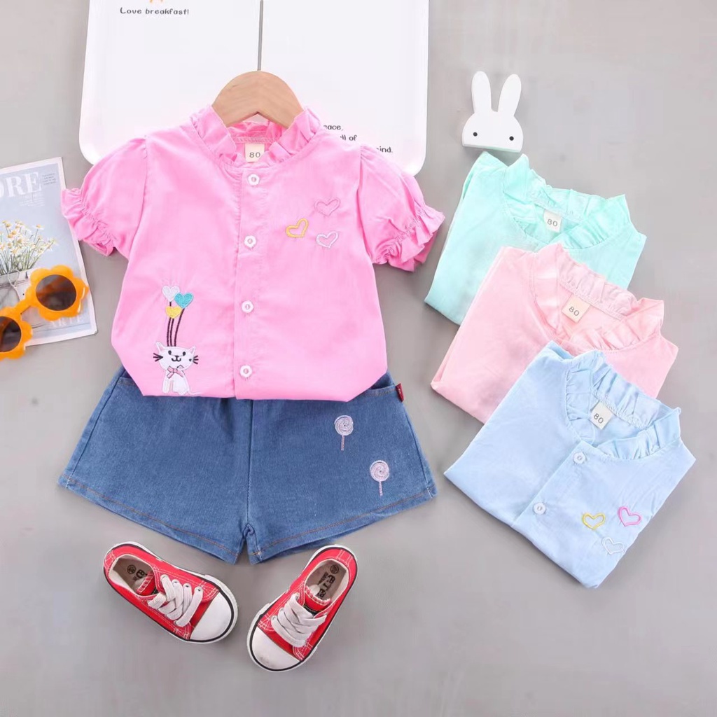 STELAN ANAK PEREMPUAN PENDEK IMPOR JEANS DAN KAOS LENGAN PENDEK 1-3 TAHUN