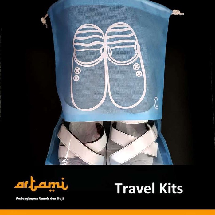 Kantong Tas Serut tempat sendal sepatu Umroh Haji Travel - Biru Muda F7O5