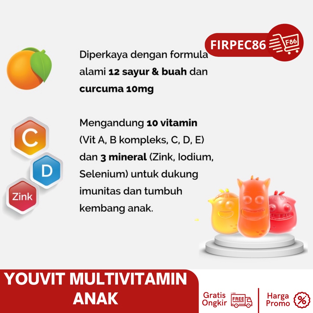 Youvit Multivitamin Gummy Anak 1 Pouch Isi 60 dengan Vitamin C, D, Zink, Sayur &amp; Buah