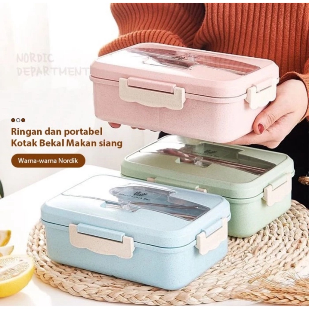 Lunch Box Kapasitas 1000 ml + Bunus Sendok Sumpit Kotak Makan Biru Hijau Pink Bekal