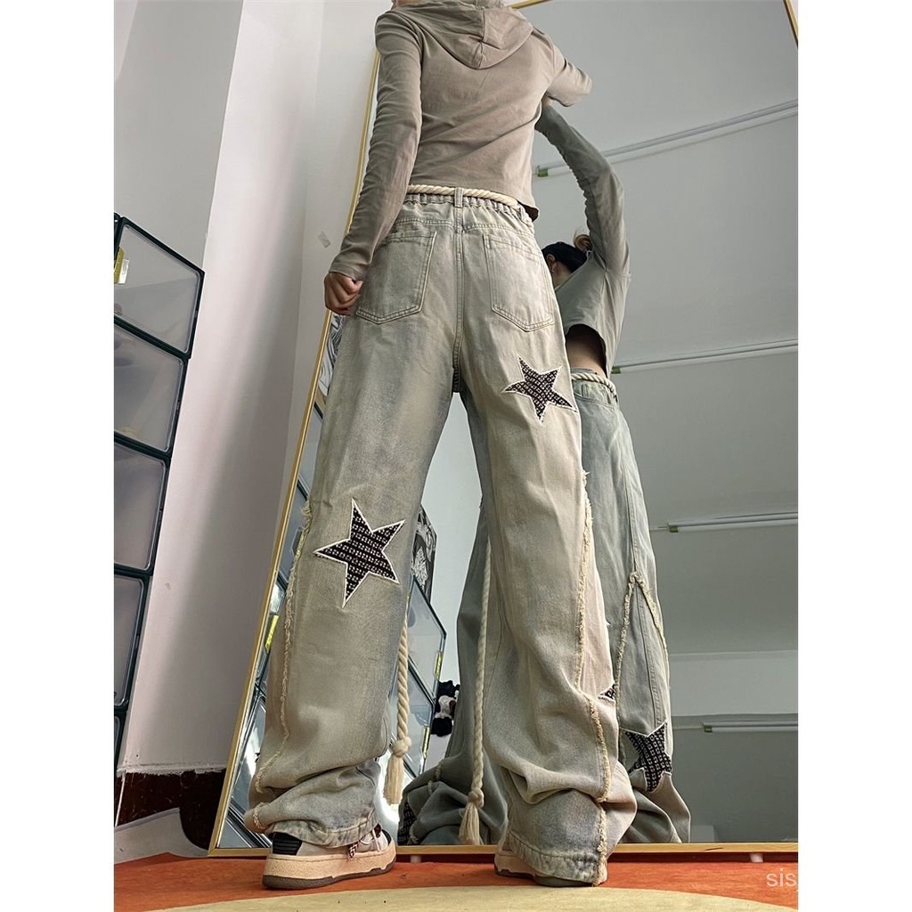 [✅BISA COD] #Sisjuly# Y2K Celana Jeans Wanita /Bordir Bintang Jeans Pinggang Tinggi Celana Kaki Lebar