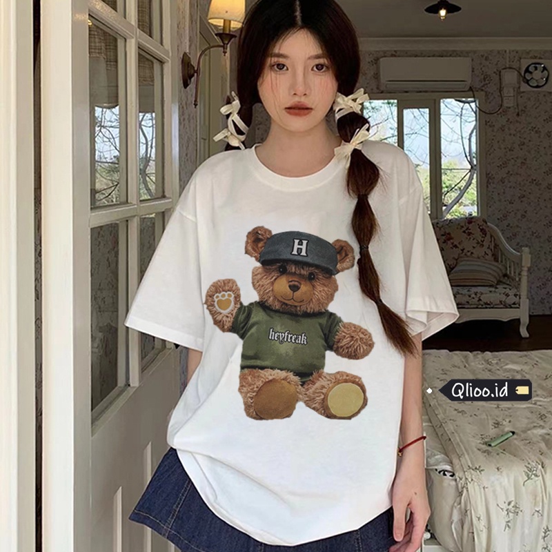 Print T-shirt Kaos Lengan Pendek Cartoon Teddy Bear Baju Wanita Oversize Korean Style