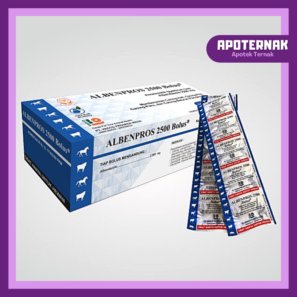 ALBENPROS 2500 Bolus 1 Box | Obat Cacing Spektrum Luas Untuk Sapi Kuda | Cacing Hati, Cacing Pita, Cacing Paru, dan Cacing Saluran Pencernaan | VADCO | Apoternak