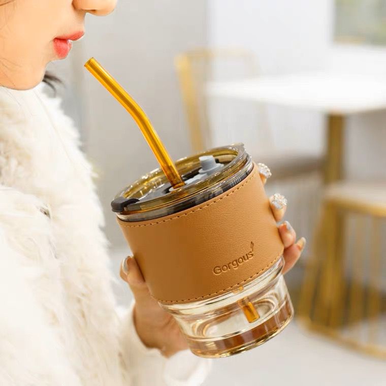 1pc 400ML Tumbler Gelas Kaca (FREE Straw Kaca) Vintage Aesthetic Bottle Cup For Coffee - HW101