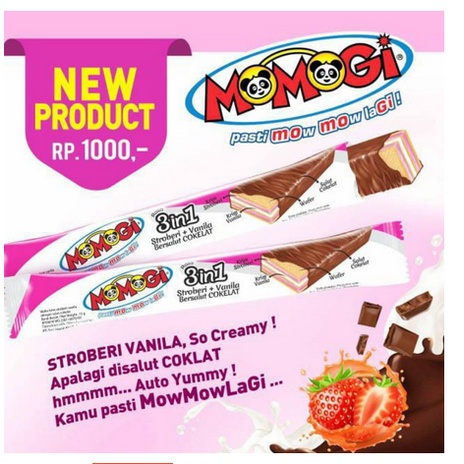 Momogi Salut Rasa 3 in 1 | Strowberi Vanila bersalut coklat 1 box 20 pcs