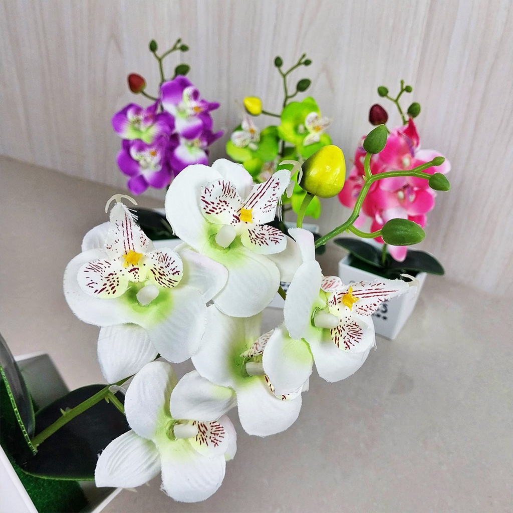 Satu7an PBP08 BUNGA ANGGREK PLASTIK BUNGA PALSU + POT BUNGA DECORATIVE FLOWER LATEX ARTIFICIAL