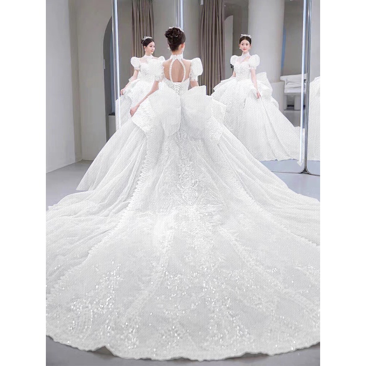 Baby Biru Gaun Pengantin Wanita Long Tail Bridal Wedding Dress Princess Bright Sequin Lace Beaded Wedding Gown Gaun Pengantin Wanita Ekor Panjang