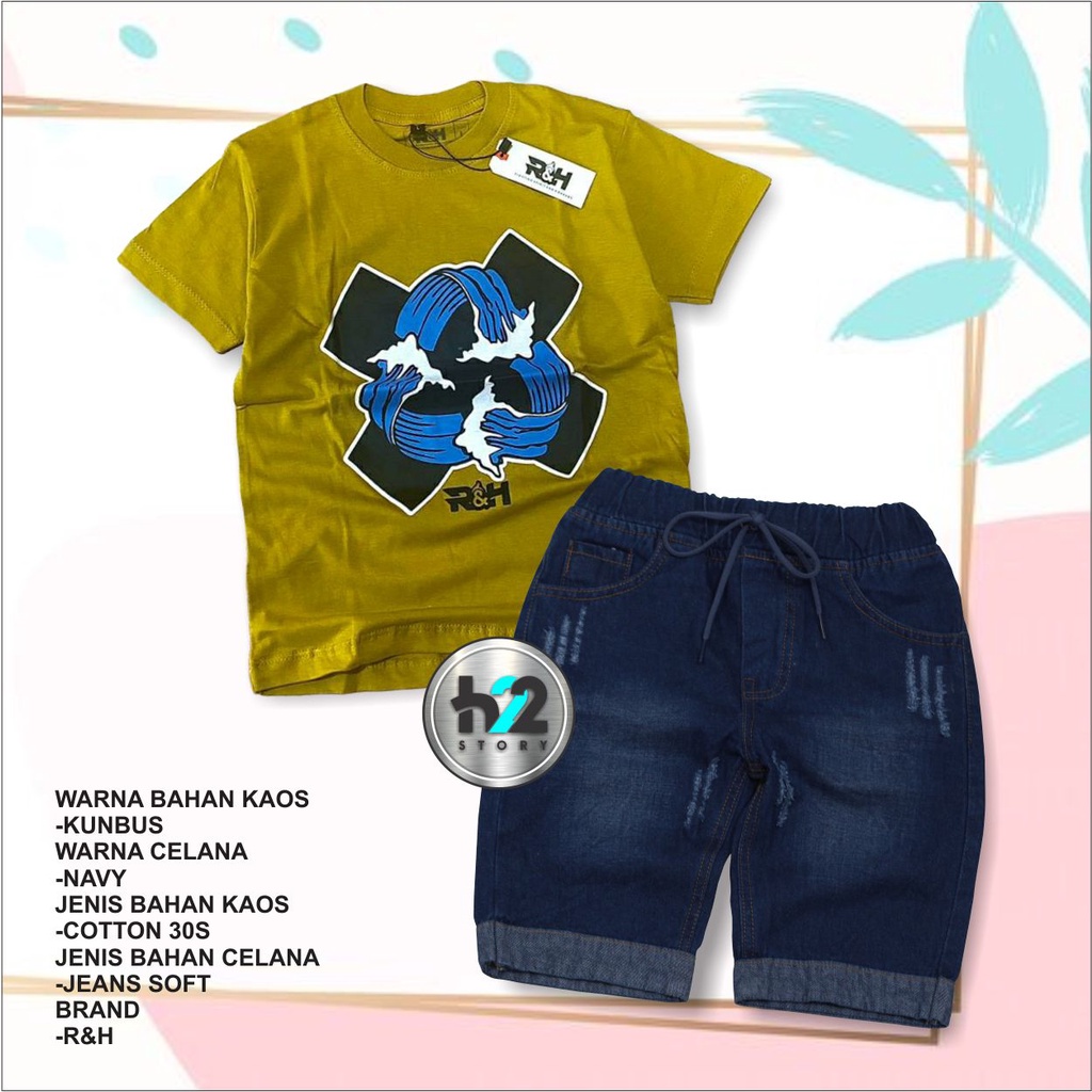 Setelan Anak Celana Jeans / Setelan Jeans Anak Laki Laki /  Setelan Kaos Distro Anak Celana Jeans Pendek Usia 3-12 Tahun / By H22Story-Kunbus Navy