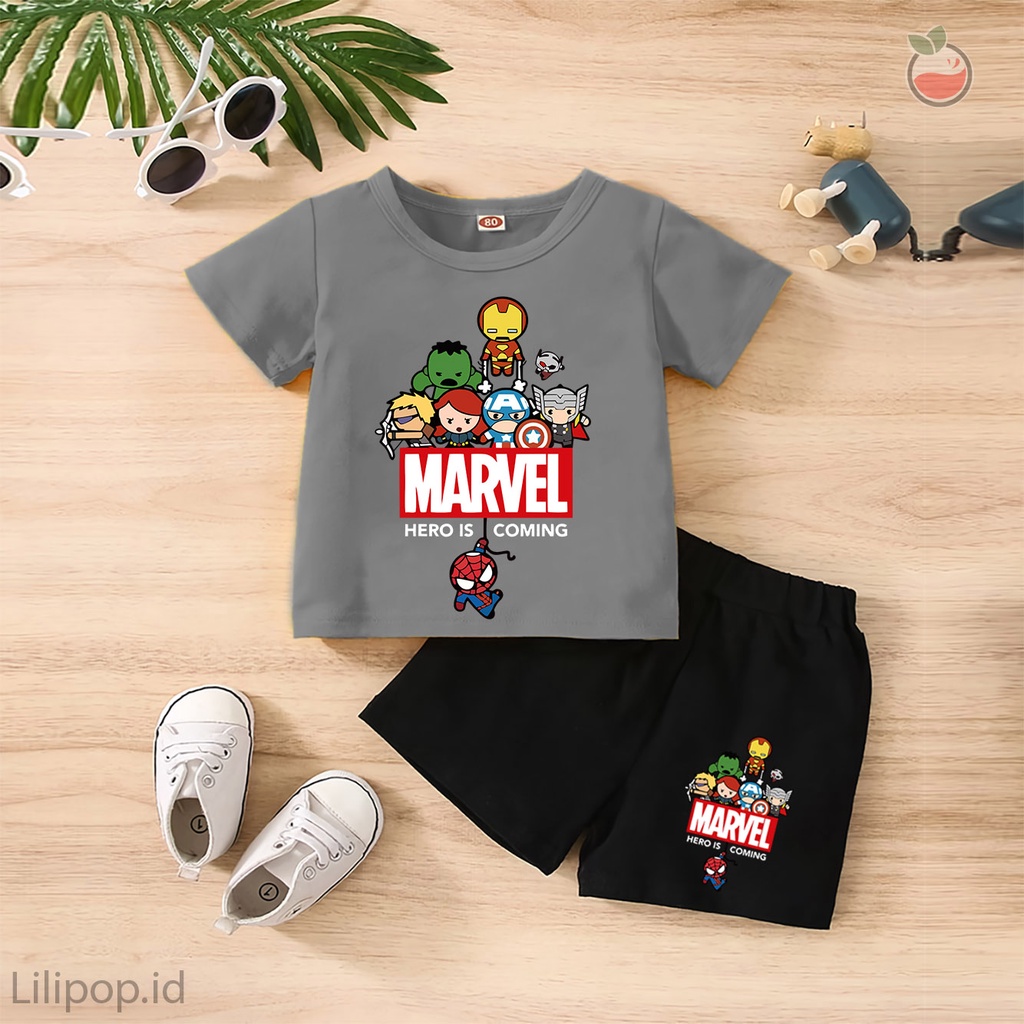 Baju Anak Stelan Kaos 3/4  SUPERHERO Cowok Cewek  Usia 1 - 4 Tahun Celana Pendek Harian