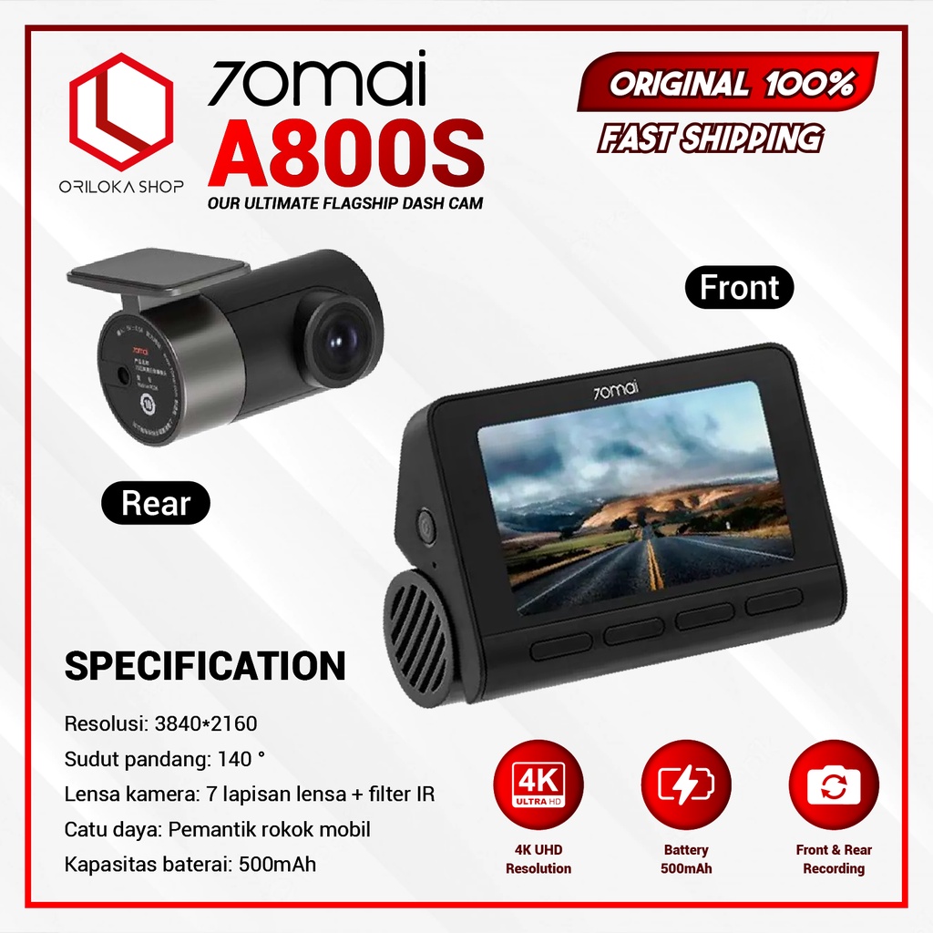 70mai Smart Dashcam GPS A800S Rear Camera 4K ADAS - Garansi Resmi