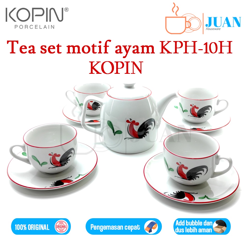 KOPIN Tea set porcelain motif ayam jago + teko / perangkat minum teh/kopi keramik KPH-10H