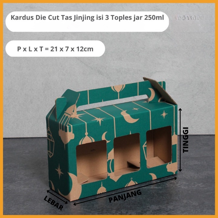 

Kardus Jinjing Kotak Packaging Parcel Kue Kering Idul Fitri 21x7x12 cm Box Tenteng Lebaran Isi 3 Toples Jar 250 ml