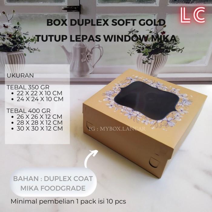 

(10 Lembar) Kotak Kue 26X26X12 Cm Soft Gold Tutup Mika, Dus Box Kue