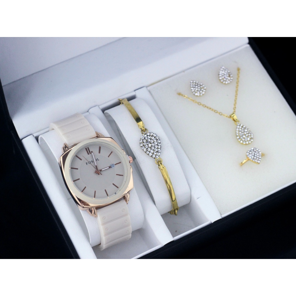 (BISA COD) JAM TANGAN WANITA F0551-L RUBBER PAKET GELANG KALUNG CINCIN ANTING JAM TANGAN CASUAL WANI