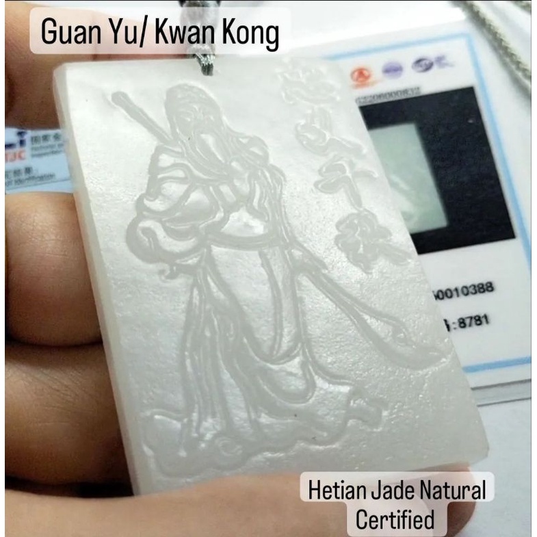 Giok Kwan Kong/ Guan Yu Hetian Jade Natural Asli Bersertifikat (0388)
