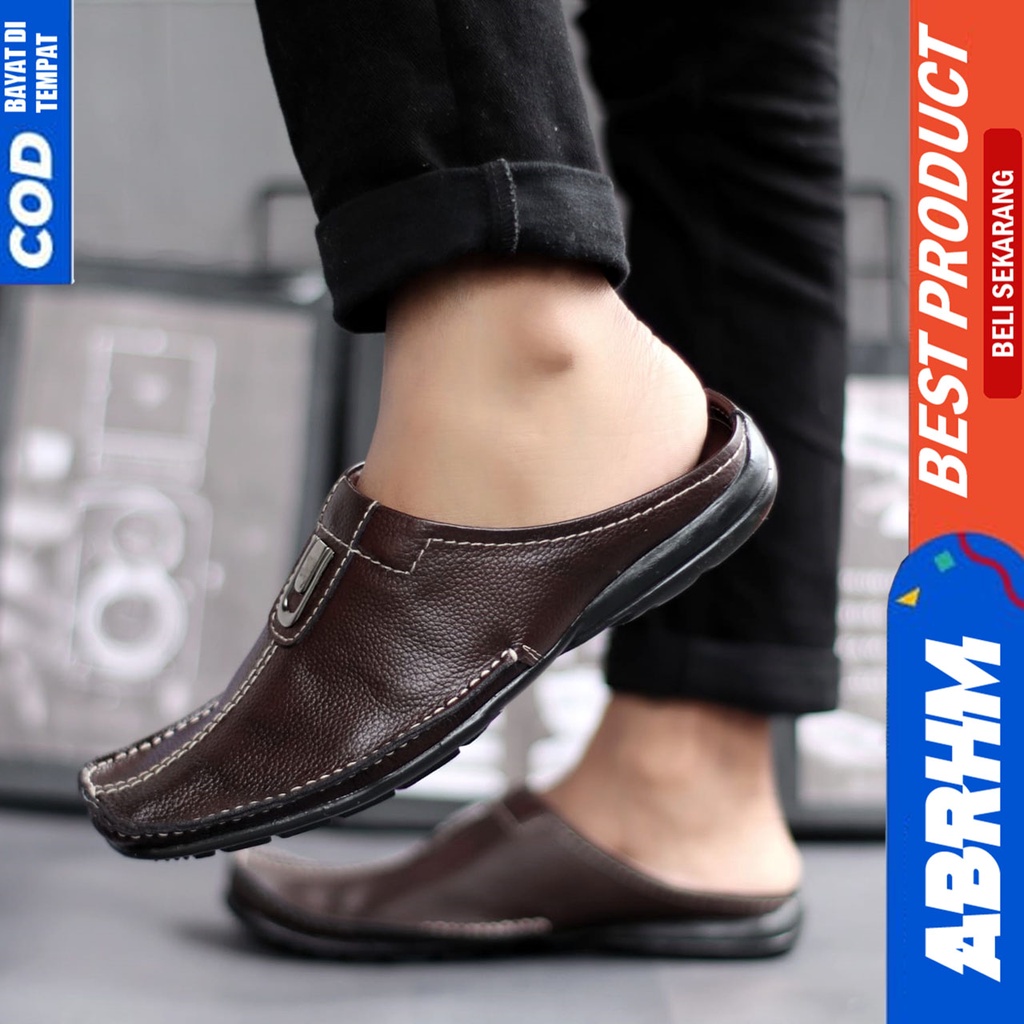 Sepatu Sandal Casual Bustong Pria Kulit Asli Tutong Hitam Abrhm Ergo