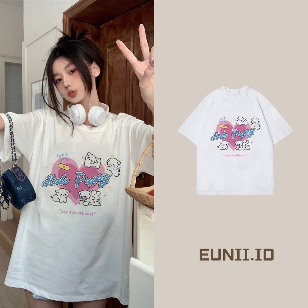 EUNII T-shirt Lengan Pendek Cartoon Pink Heart Dog Korean Style/Kaos Atasan Wanita/Baju Kaus Oversize Wanita/Kaos Wanita