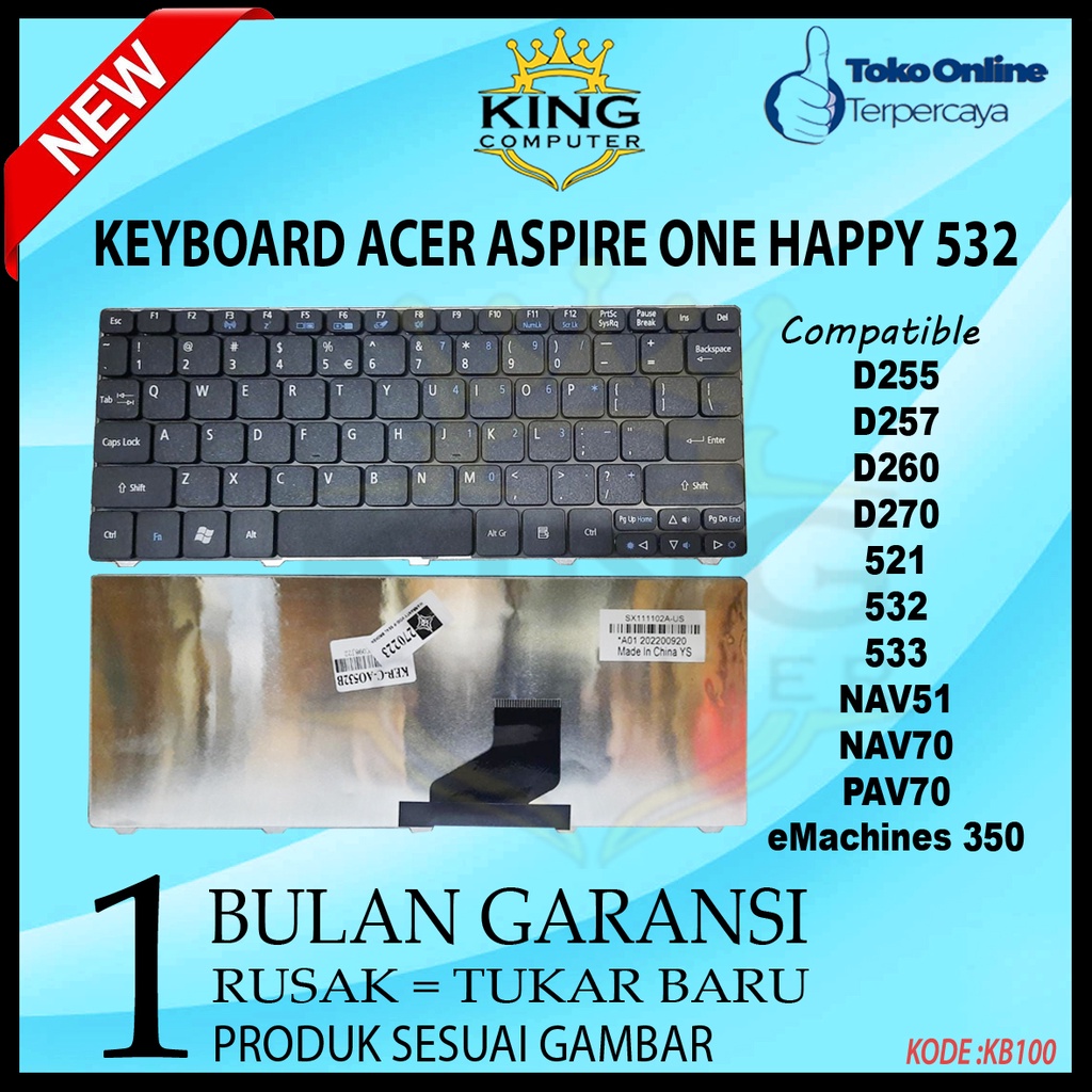 Keyboard Acer Aspire One Happy AO 532 532H 521 522 D255 D257 D260 D270 HITAM