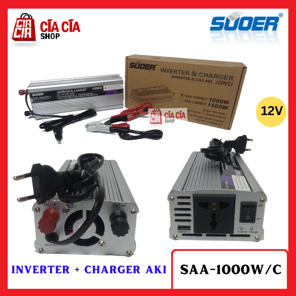 Suoer Inverter 1000W Plus Charger 10A Charger Aki SAA-1000W/C Power Inverter 1000 Watt Charger Aki 10A