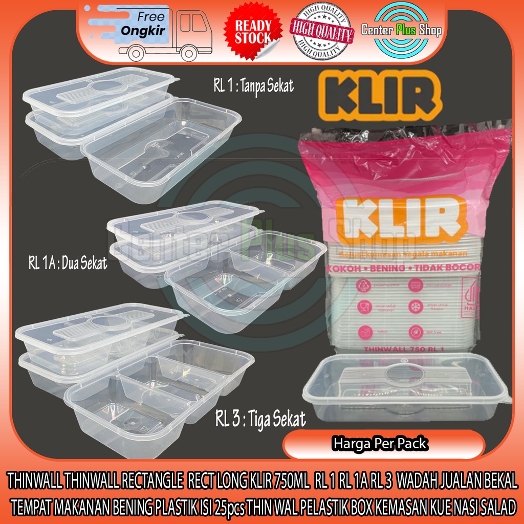 1 Bungkus Isi 25 Pcs Kotak Makan Plastic Thinwall Long RL3 750 ml Sekat 3 RL1A Sekat 2 RL1A Sekat 1 