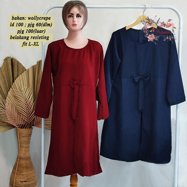 Long Tunik Belah Tengah Variasi Pita Kecil Atasan Wanita Polos Terbaru / Baju Wanita Muslimah Bahan Wollycrepe Resleting Belakang FIT-L-XL