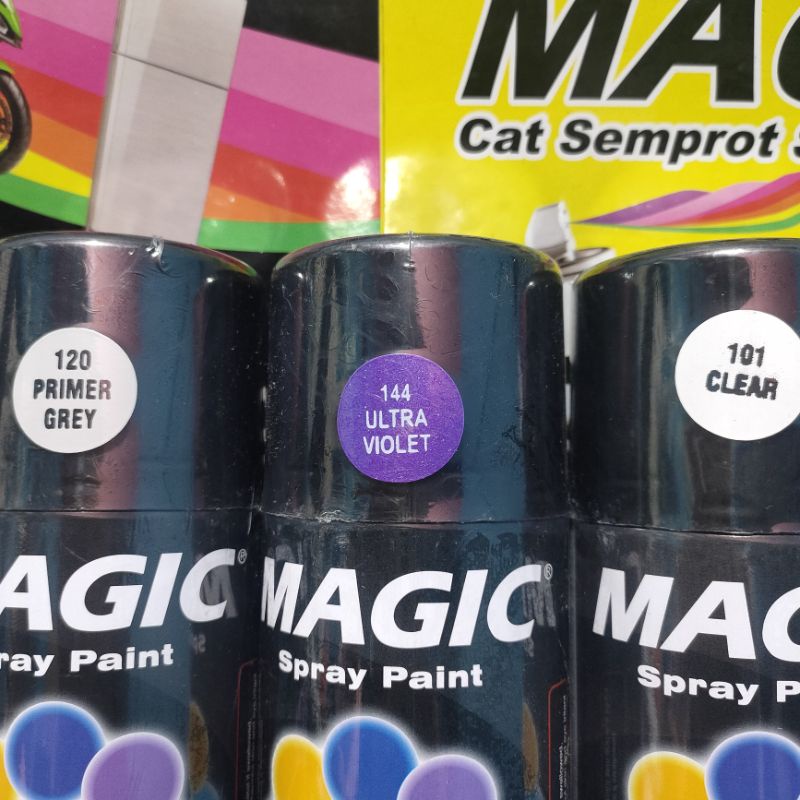 Pilok Pilox Cat Semprot Magic Paket Lengkap 3 Kaleng 300cc Paketan Ungu Metalic Metalik Ultra Violet 144 Primer Grey Epoxy 120 Clear Pernis Glossy Mengkilap 101 Spray Paint