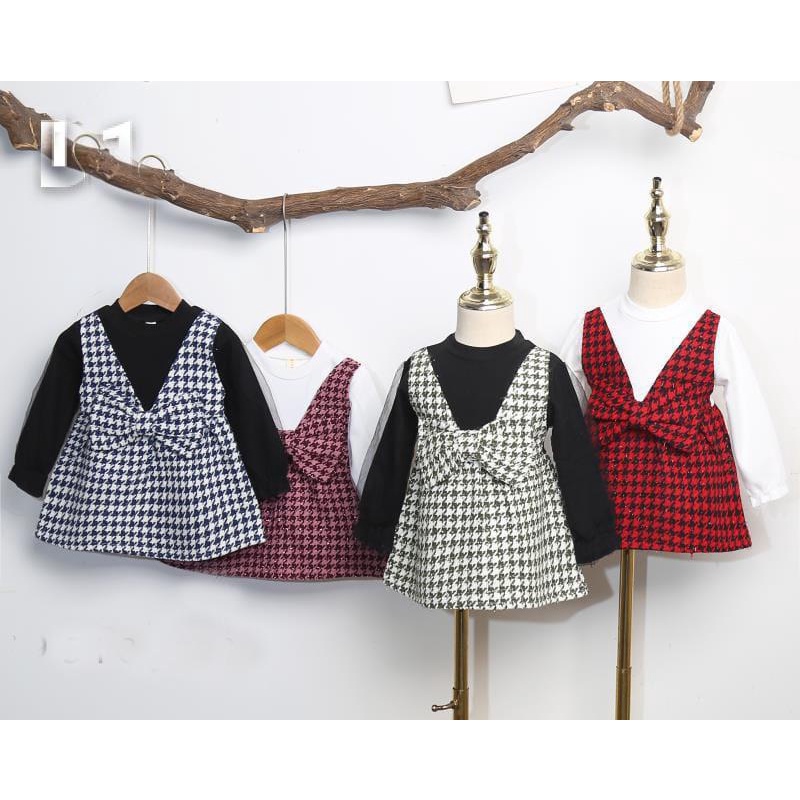 KFCAT Dress Gaun Rok Lengan Panjang Anak Perempuan Katun Wool Kotak Tile Pita Elegan Style