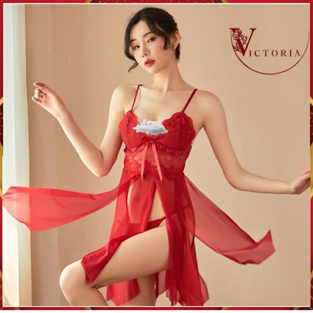 Victoria Set Lingerie Wanita Aksen Pita Bahan Tulle Deep-V Neck Tanpa Lengan Baju 3016