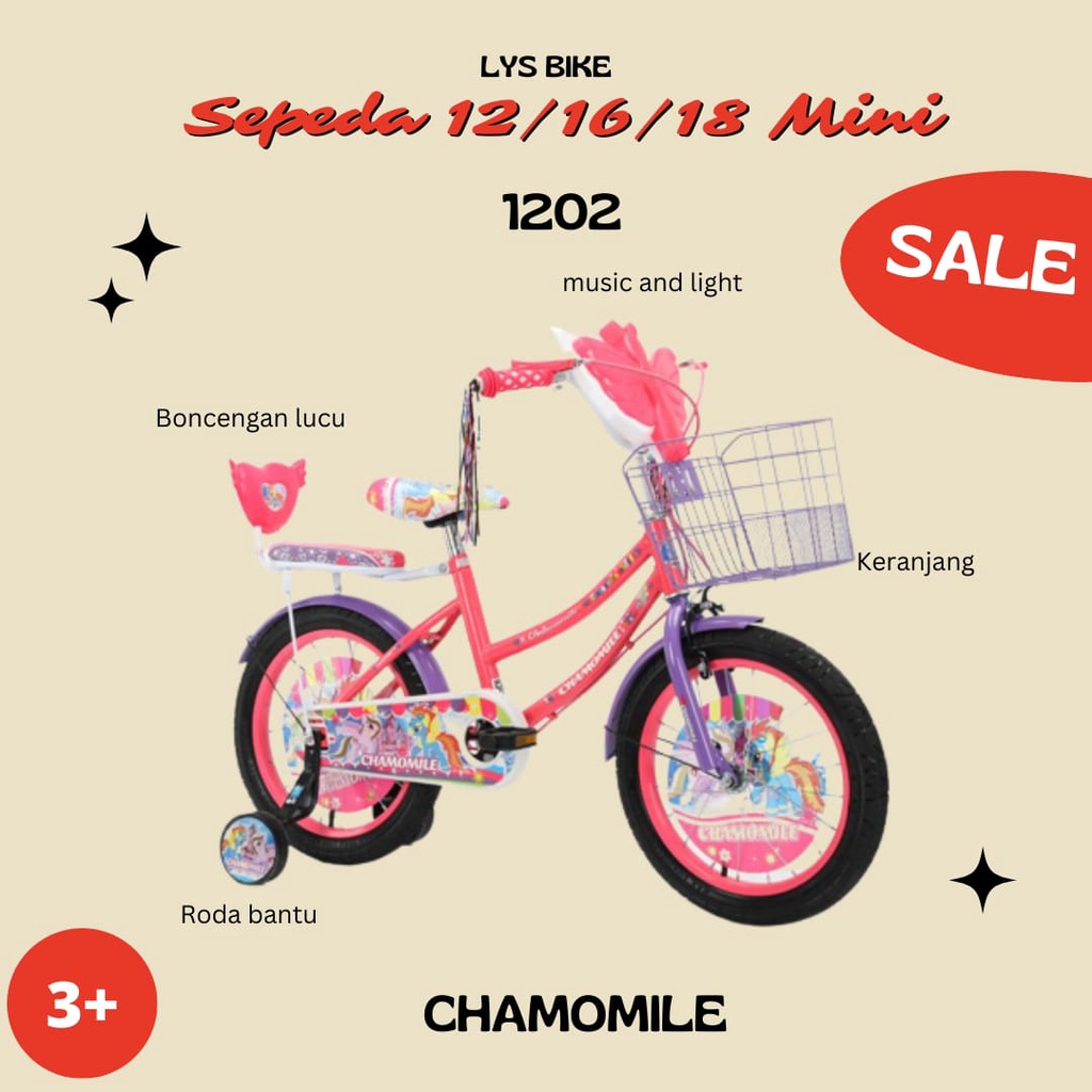 Sepeda MIni Anak Perempuan Cewe Roda 2 ( dua ) Chamomile 1202 / Sepeda Keranjang Anak Musik dan Lamp