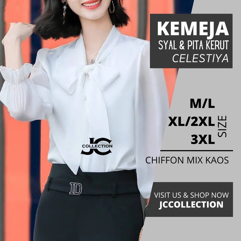 Kemeja lengan panjang Sifon wanita variasi syal leher model terbaru Celesstiya JCCollections