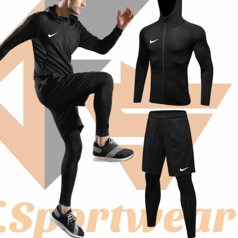 ★ Stelan Olahraga Pria Running Jogging 3in1 Jaket Hodie Celana Pendek Dryfit Manset Laging Size S,M,