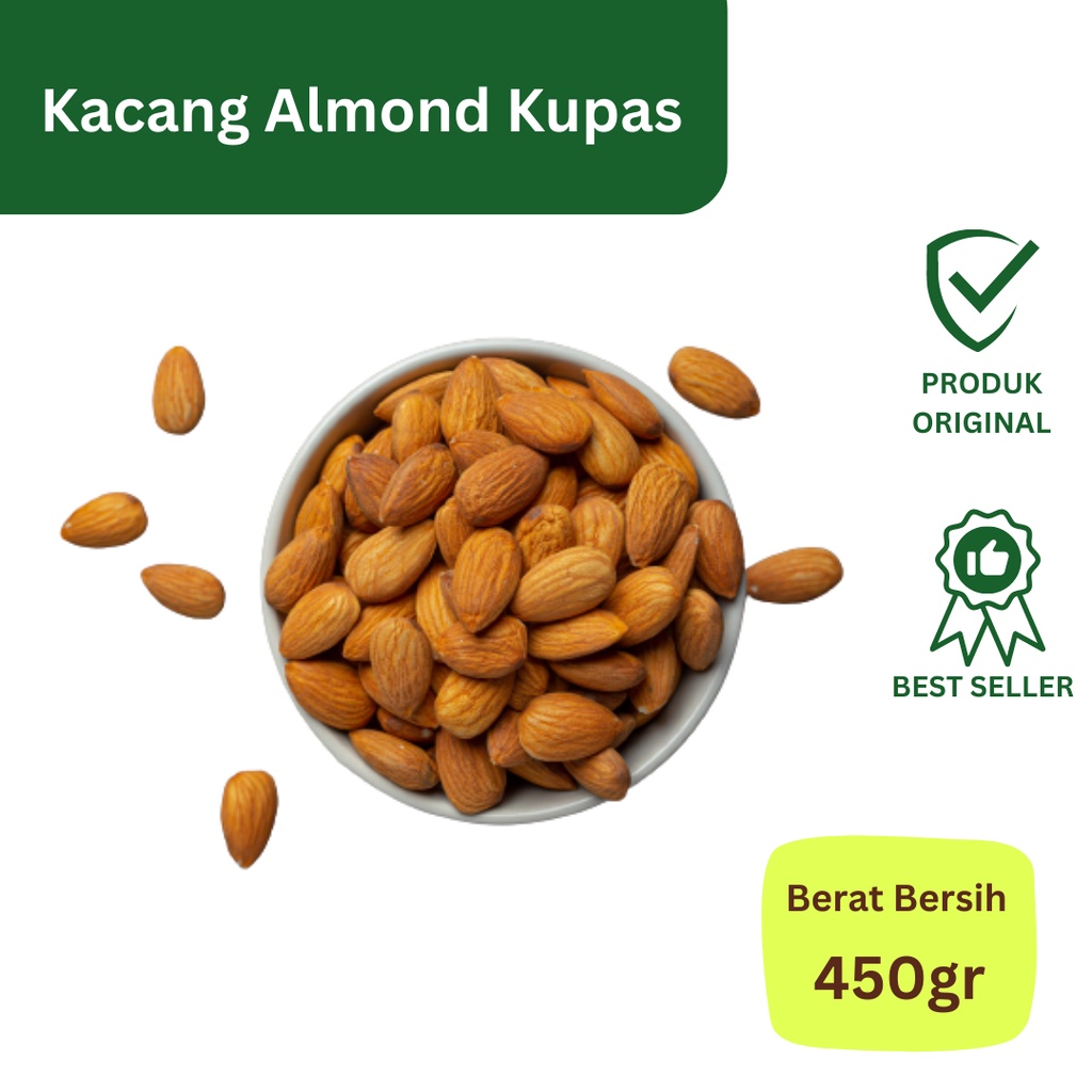

kacang almond kupas 450gr kemasan toples