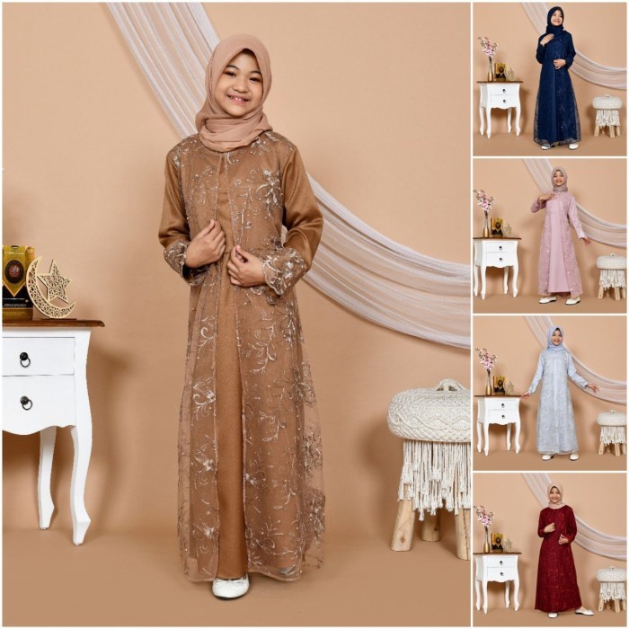 GAMIS DRESS ANAK MAXI KIDS USIA 9 - 14 TAHUN DRES MUSLIM REMAJA BRUKAT - COKLAT TUA
