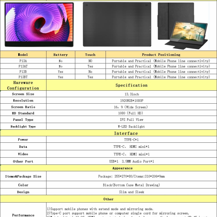 Portable Monitor 13.3 Inch USB TYPE C HDMI | FHD 1080p BONUS CASE - normal 3K