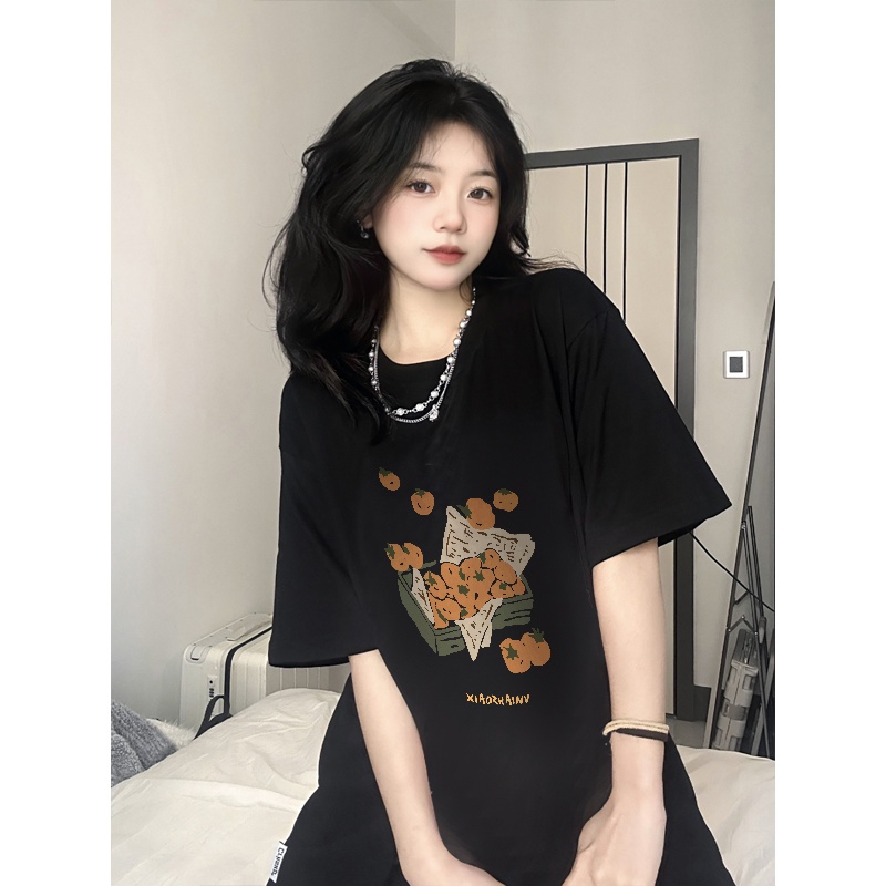 kaos hitam oversize wanita lengan pendek kekinian orange graphic print kaos basic ootd