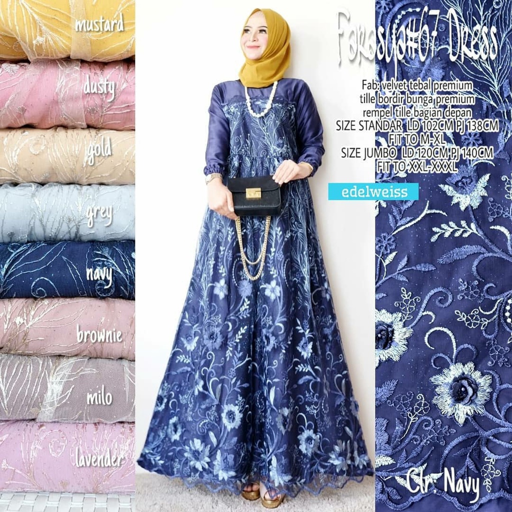 Gamis Muslimah Terbaru Farasya Dress #67 Syar'i Anak Perempuan Dress Tile Brukat Mutiara Gaun Pesta Resepsi Pernikahan Dress Outfit Bridesmaid Kondangan Bahan Velvet Tebal Premium Dress Muslim Jumbo xxxl Ld 130cm