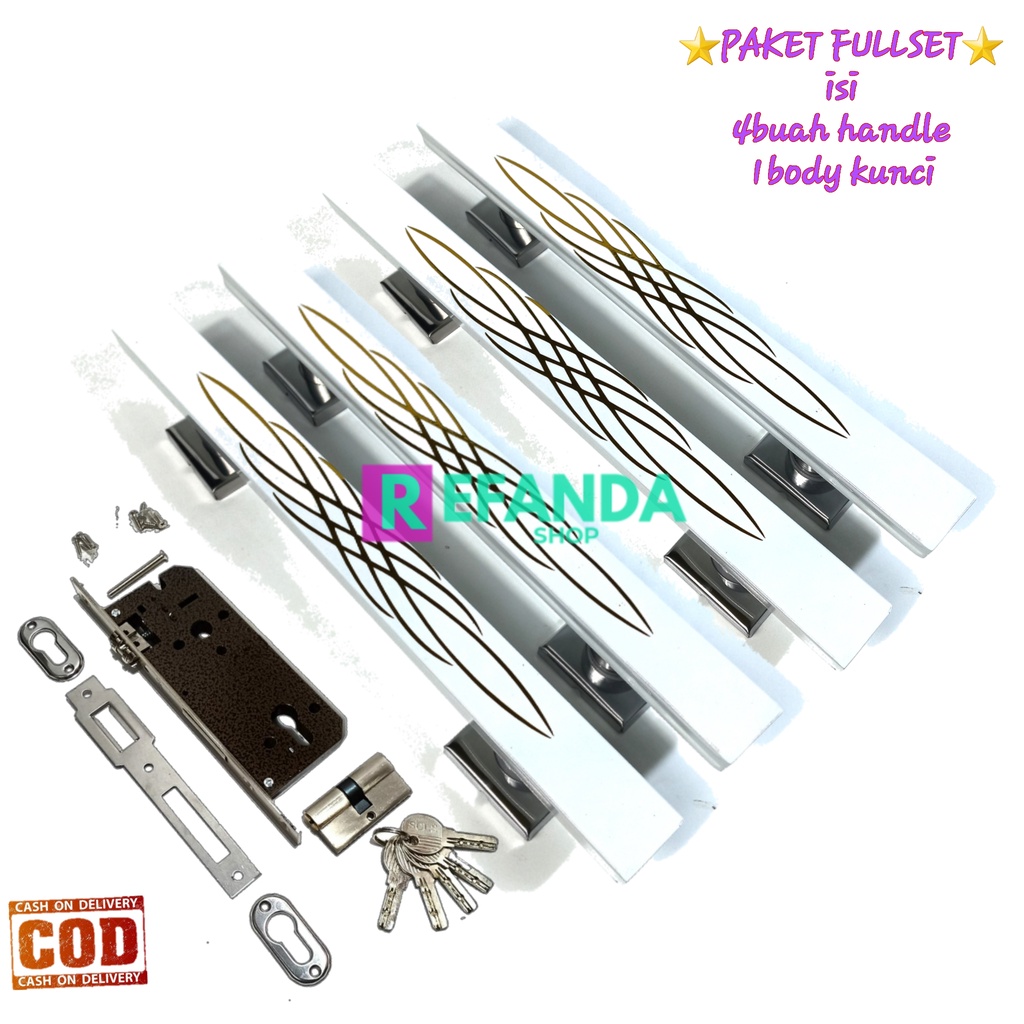 fullset lock body kunci dan 4 buah gagang tarikan handle pintu untuk daun pintu 2 pintu depan model 