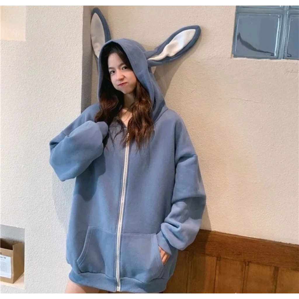 RABBIT HOODIE ZIPPER SWEATER WANITA BERTOPI LUCU JACKET KOREAN FASHION OOTD KASUAL SANTAI