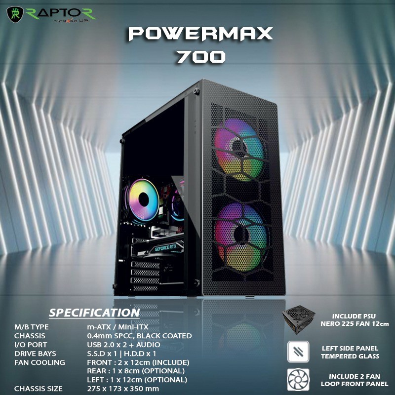 Power Up Casing Raptor Power Max 700 M-ATX With 2 Fan Case RGB PSU 500w Tempered Glass