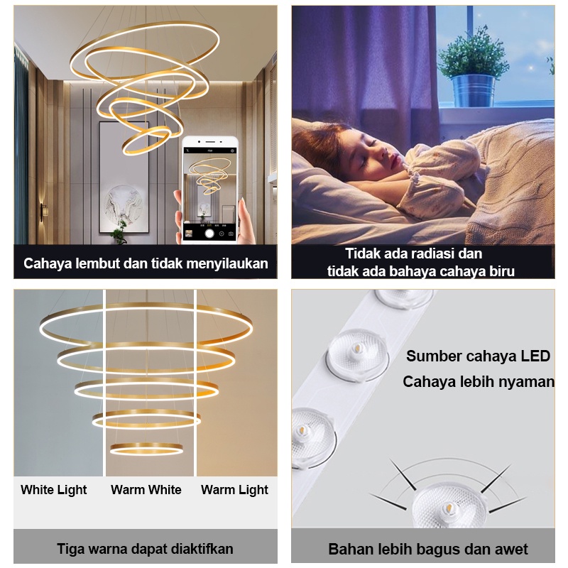 Home Lighting Lampu Gantung Ring LED 5 RING 100cm REMOTE CONTROL GOLD  Minimalis Modern Ruang Tamu Untuk Kamar Tidur 3 Warna 360Watt