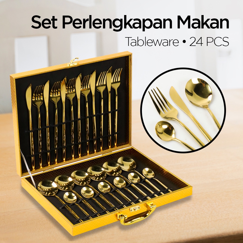 Set Perlengkapan Makan Sendok Garpu Pisau Tableware 24 PCS - DS0053 - Golden