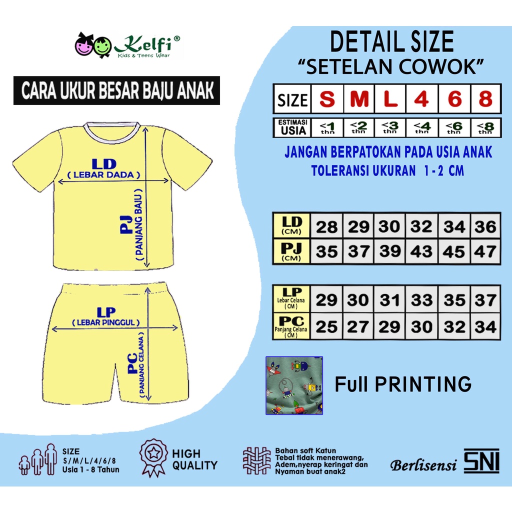 KELFI SETELAN ANAK FULL PRINTING / SET BAJU ANAK COWOK / CEWEK USIA 1- 8 TAHUN &quot;ROCAR EDITION&quot;