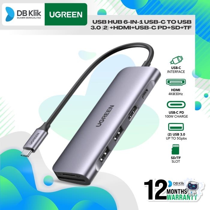 USB Hub 6in1 UGreen USB-C to USB 3.0x2+HDMI+USB-C PD+SD+TF (70411)