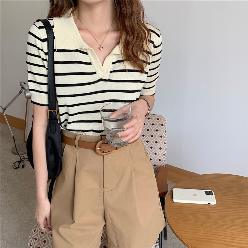 Red Fashion POLO Kerah Bergaris Top Wanita Musim Panas Gaya Baru Tipis Lengan Pendek Es Sutra T-shirt Sweater
