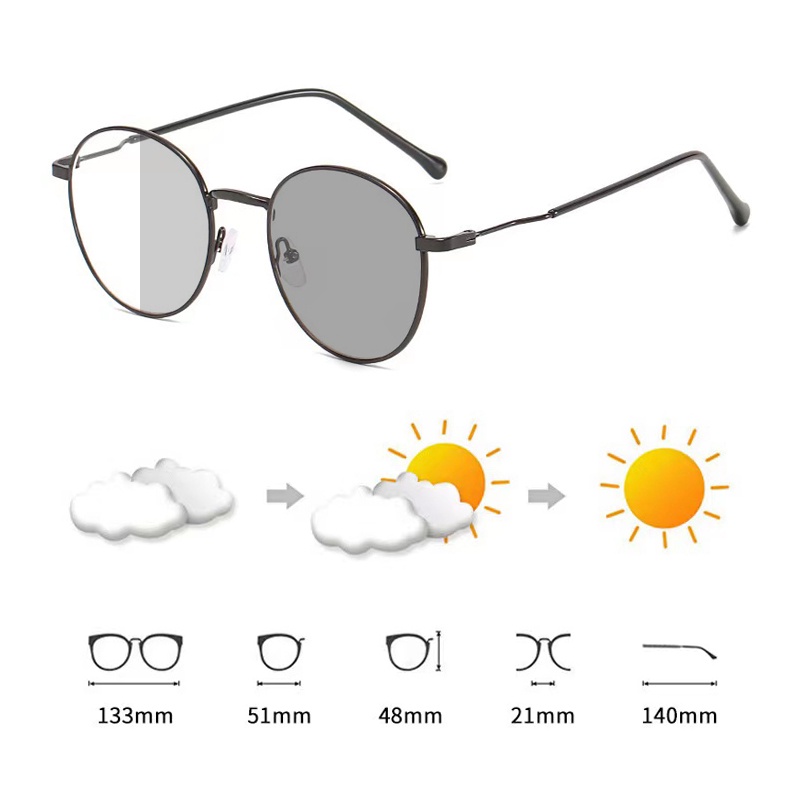 2in1 Kacamata Lensa Photocromic Bulat Retro Vintage Bahan Metal Untuk Pria Dan Wanita