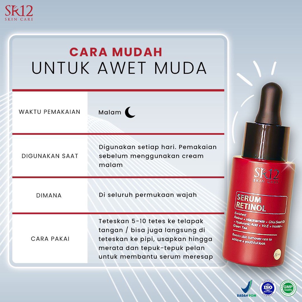 RETINOL SERUM SR12 / RETINOL 0,1% / ANTI AGING / MENCEGAH PENUAAN DINI / MENGATASI JERAWAT / MENCERAHKAN KULIT WAJAH