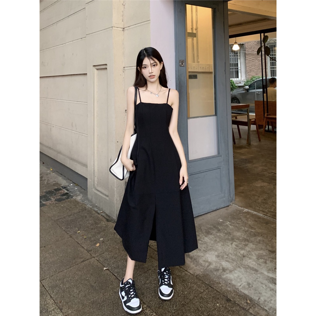 Red Kumikumi Hepburn style black suspender dress women s spring French waist A-line skirt slit skirt