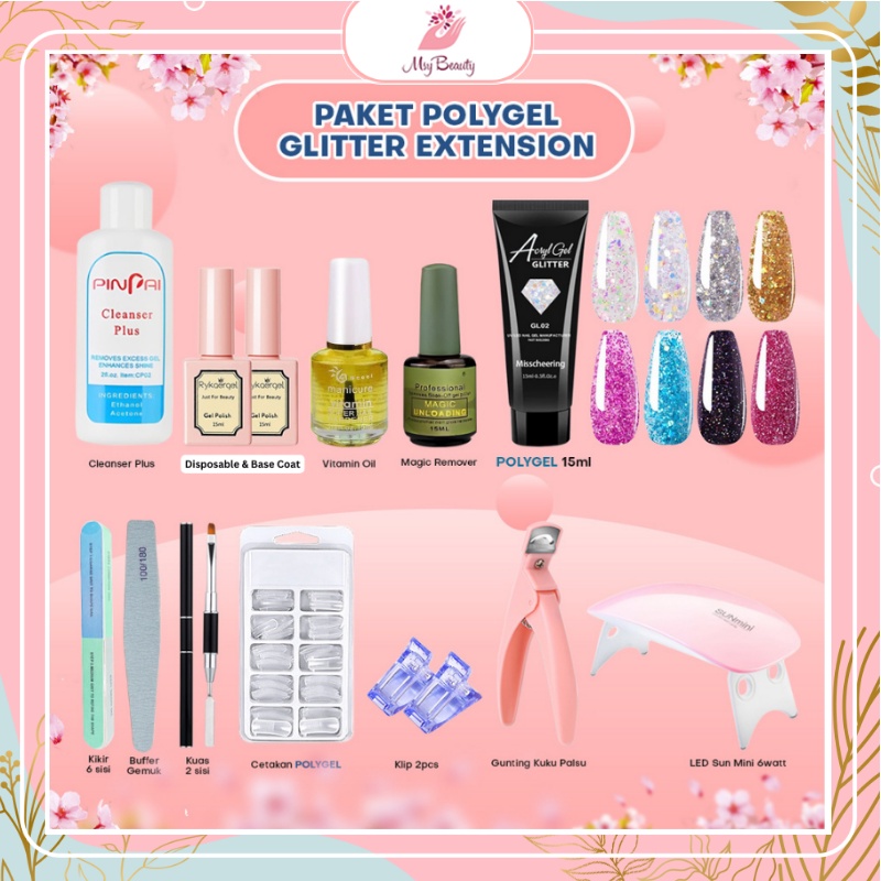 MSY PAKET LENGKAP CRYL GEL PROFESIONAL/POLYGEL NAIL KUTEK KUKU EXTENSION/KUKU WARNA BENING/GLITTER/ WARM COLOUR 15ml