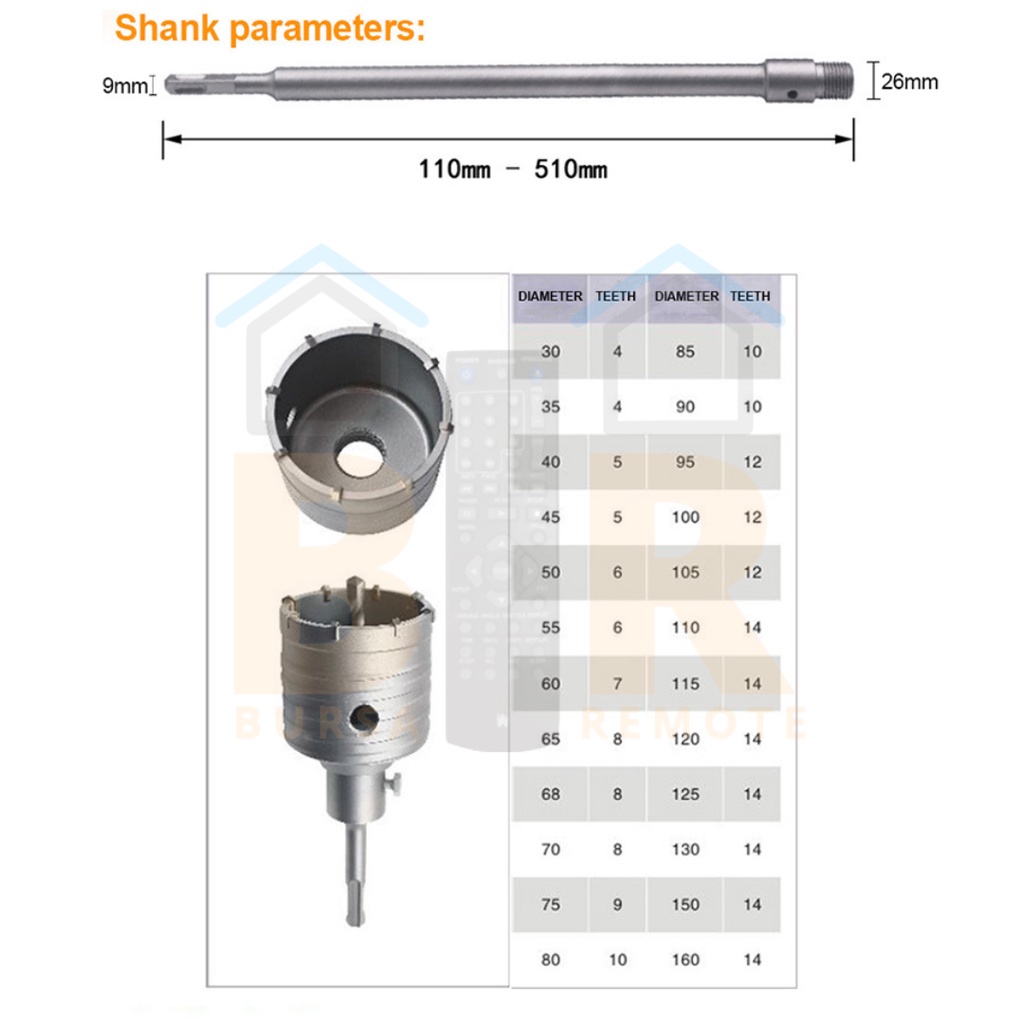 Mata Bor Bobok Beton Tembok Hollow Core 30 - 80 MM Sds Plus / Square 110 / 330MM